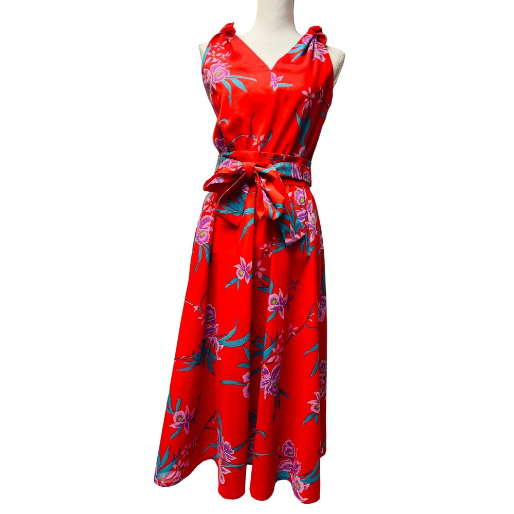 Floral Midi Sundress Tropical S Tie Shoulder Luau Aloha Resort Cruise Tropical